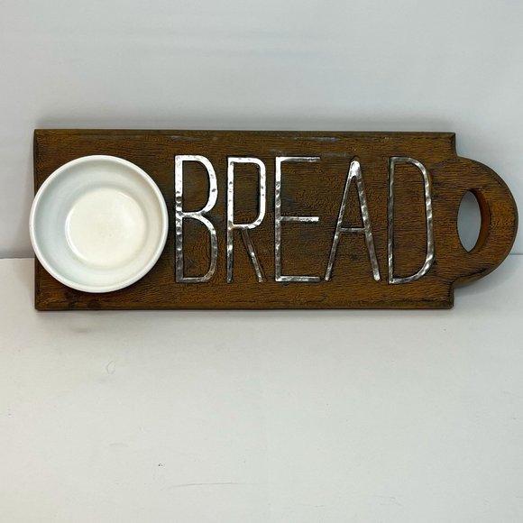 Mud Pie Bistro Wooden Bread Board Tray Dipping Bowl Farmhouse 15 x 5.5"